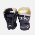 Gants de boxe WSD Boxing Fighting avec rembourrage haute densité et fermeture velcro. Protection optimale, confort et design premium noir et doré.