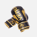 Gants de boxe Venum noir et or avec rembourrage haute densité et fermeture velcro. Protection, confort et design premium pour entraînement et combat.