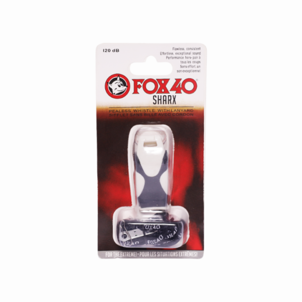 Sifflet Fox 40 Sharx 120 dB sans bille, son ultra puissant et constant. Idéal pour arbitres, entraîneurs et situations extrêmes, avec cordon inclus.