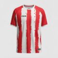 Maillot de football Ares rouge et blanc à bandes verticales, en tissu respirant et léger. Coupe athlétique, confort optimal et design moderne, idéal pour clubs et équipes sportives.